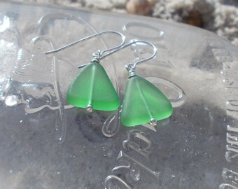 Kelly Green Recycled Glass and Sterling Silver Earrings ~ Light Freeform Flat Pebbles