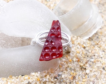 Red Sea Glass Ring ~ Wire Wrapped ~ Sterling Silver ~ Vintage Tail Light