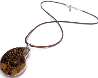 Ammonite Fossil Shell Necklace ~ Vegan Leather Cord ~ Adjustable Length