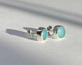 Sea Glass and Sterling Silver Stud Earrings in Aqua Blue