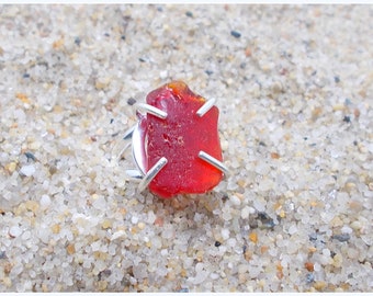 Red Sea Glass Ring ~ Sterling Silver ~ Vintage Taillight / Brake Light