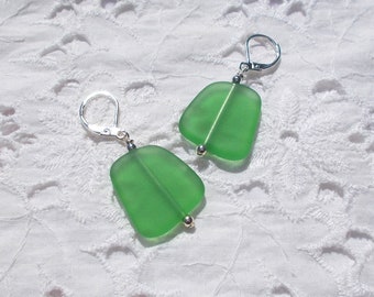 Recycled Glass Earrings ~ Soft Kelly Green ~ Flat Freeform Nuggets