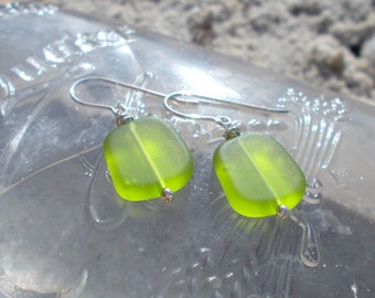 Olive Green Recycled Glass and Sterling Silver Earrings ~ Light Freeform Flat Pebbles