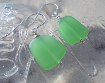 Opaque Green Recycled Glass and Sterling Silver Earrings ~ Light Freeform Flat Pebbles