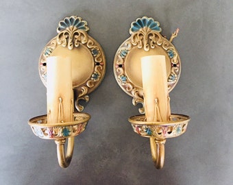Art Nouveau Wall Sconces Vintage Pair Hubell Candlestick Electric Light Fixtures