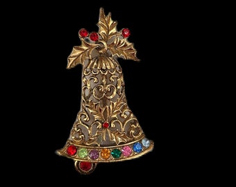 Beatrix Holly And Rhinestone Christmas Bell Brooch 1960's