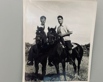 Vintage Photograph Two Young Men Horseback Riding Black and White 8 x 10 Inch Photo 1940's