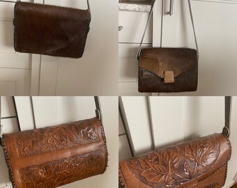 Hand Tooled Leather And Animal Skin Reversible Handbag Made In Mexico 1960's