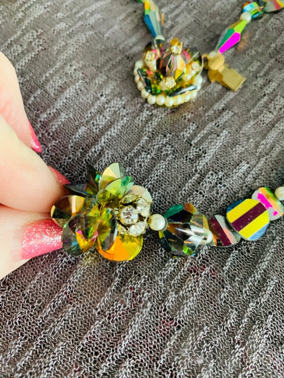Vintage Multi Cluster Necklace Crystals Beads Rhi… - image 4