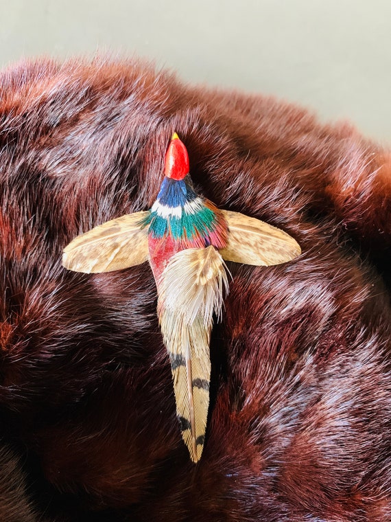 Miniature Real Feather Flying Pheasant Bird Pin H… - image 5