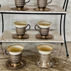 Set of 6 Sterling Silver Espresso Coffee Cups & Saucers, Lenox Liners