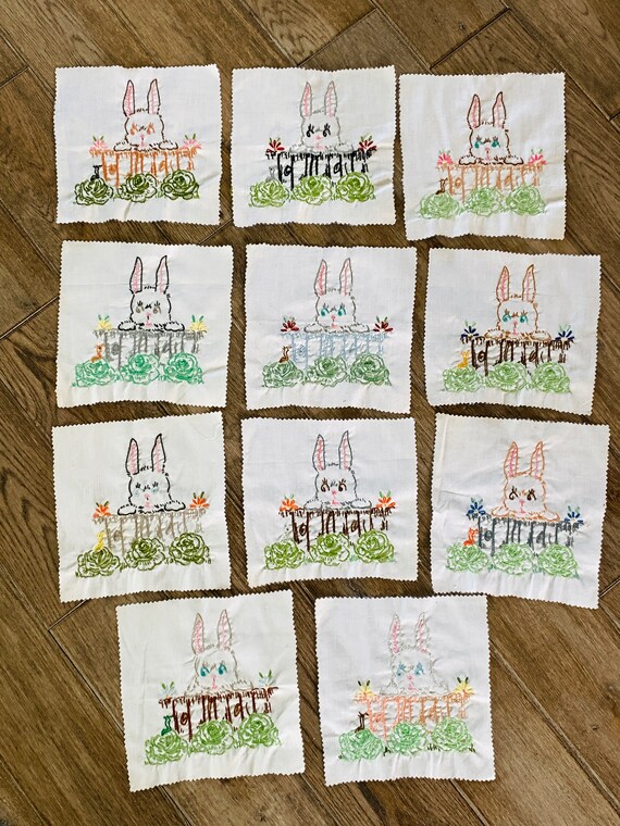 Embroidered Quilt Blocks 11 Bunnies Vintage Squares for Etsy