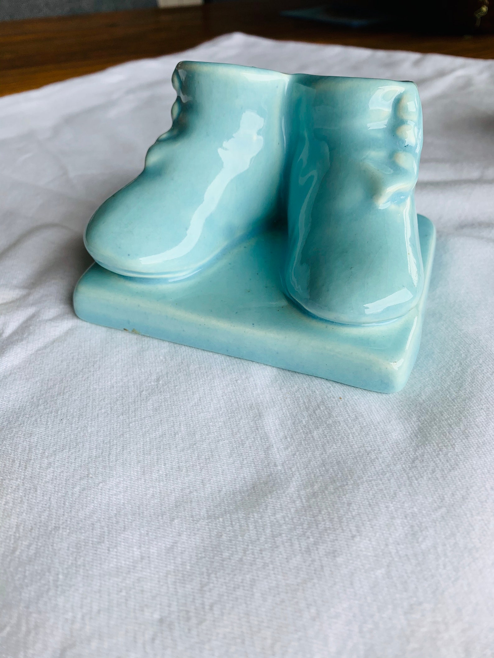 Pottery Baby Shoes Blue Vase Nursery Decor Glazed Double Etsy