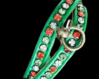 Green Leather Leash And Collar With Prong Set Color Rhinestones Glamour Pooch 1970's