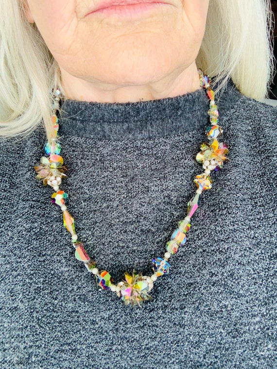 Vintage Multi Cluster Necklace Crystals Beads Rhi… - image 5