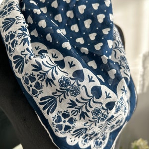 Retro Ladies Scarf Blue And White Scandinavian Hearts And Flowers Design 1960's
