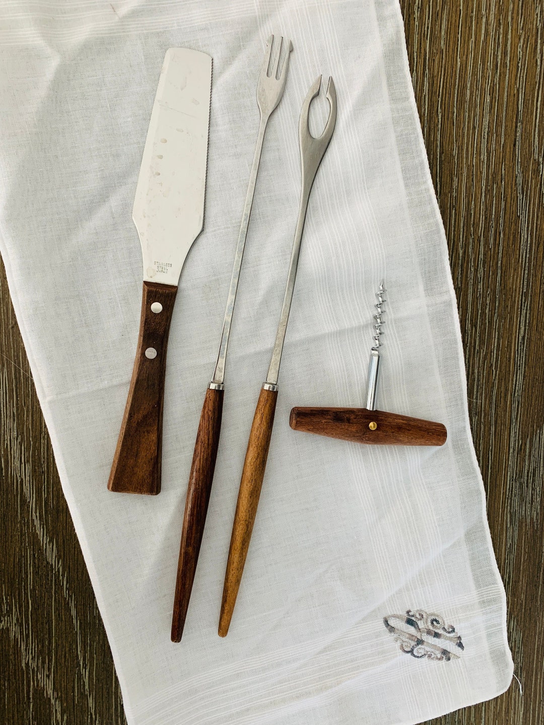 Lot of 4 Vintage Bar Accessories Stainless Rosewood Handles Etsy