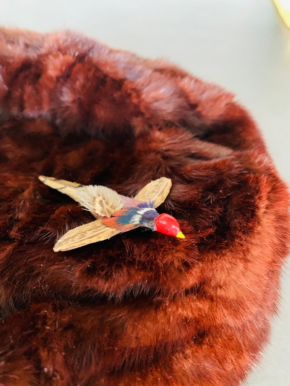 Miniature Real Feather Flying Pheasant Bird Pin H… - image 3