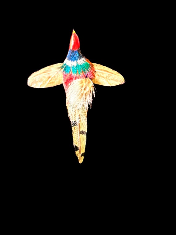Miniature Real Feather Flying Pheasant Bird Pin H… - image 1