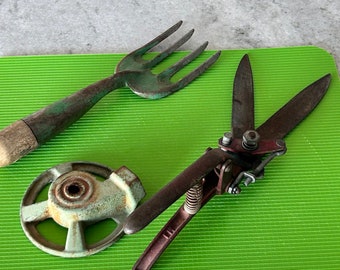 Garden Tools Collection Lot of 3 1950's Sprinkler Grass Shears AND Garden Fork