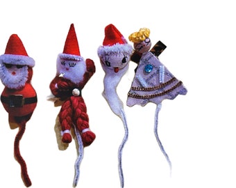 Assortment Of Chenille Pipe Cleaners And Spun Cotton Christmas Characters Angel And Santas 1950's