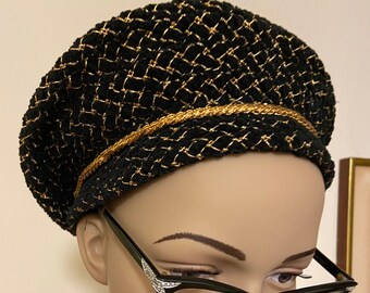 Vintage Tam Black Velvet With Metallic Gold Braid By Meier & Frank, Portland Sml