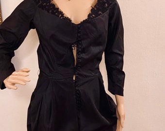 50’s custom designer black silk dress woth a portrait neckline with lace
