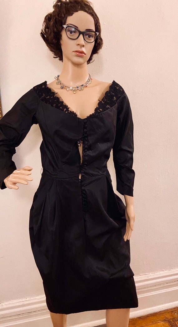 50’s custom designer black silk dress woth a portr