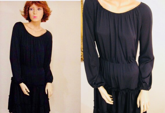 70s Boho Black Poly Peasant Day Dress