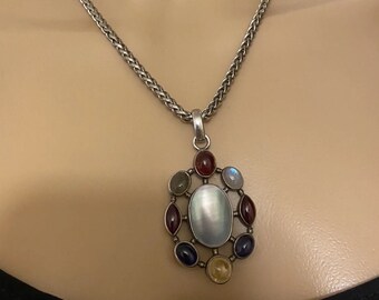 Vintage multi Gem Pendant On a Silver Chain