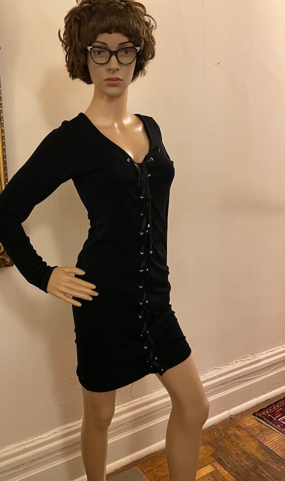 Chic black poly knit lace up the front day dress - image 1