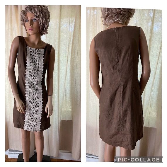 Vtg Carol Little Cocoa Brown Linen Dress With Whi… - image 1