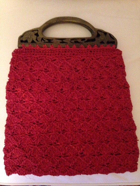 60’s Russet red Hand Crocheted Raffia Handbag - image 2