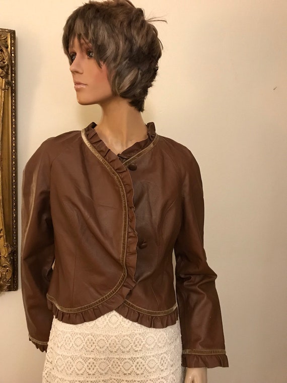 Brown leather jacket with velvet & ruffled trim