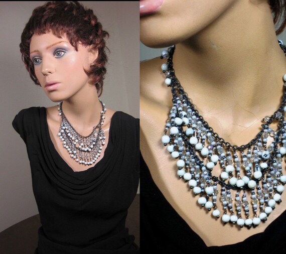 Vintage Necklace Black and White Fringed Bib, Blac