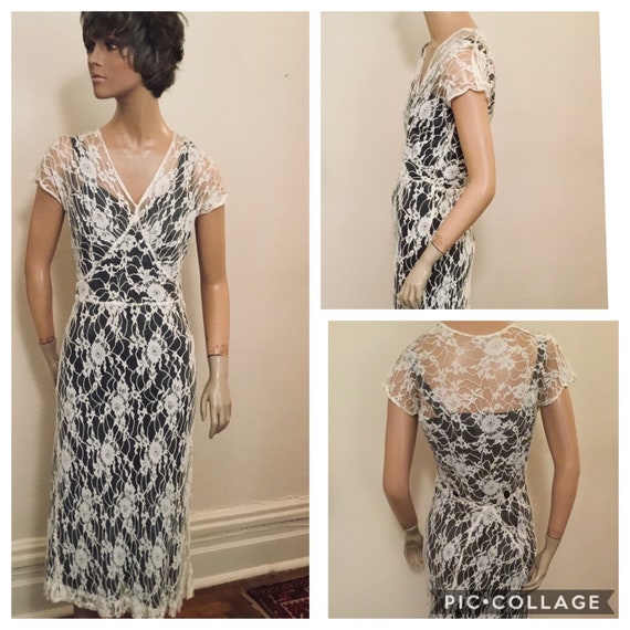 1930's White Patterned Lace Dinner Dress