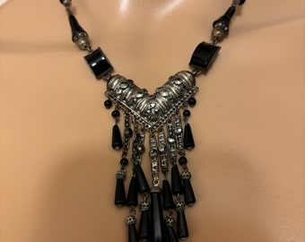 Deco Inspired Silver, Onyx and Marcasite Fringe Necklace