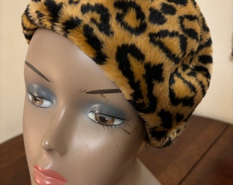 Vintage Faux Fur Leopard Beret Medium