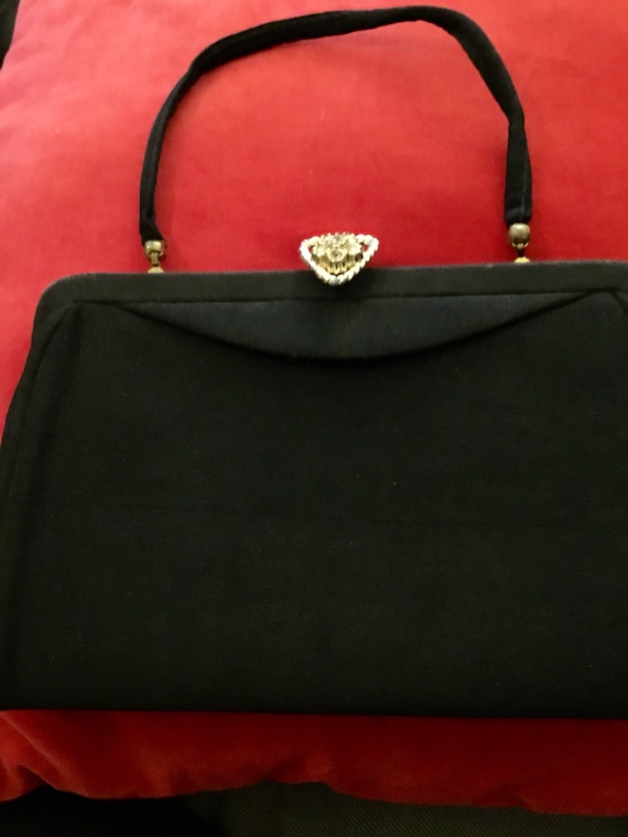 SALE. Vintage black crepe evening clutch with a rh