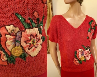 70’s Rayon Knit sweater embellished with floral beaded applications