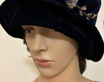 Black Velvet Brim Embroidered Cloche Hat By Malees