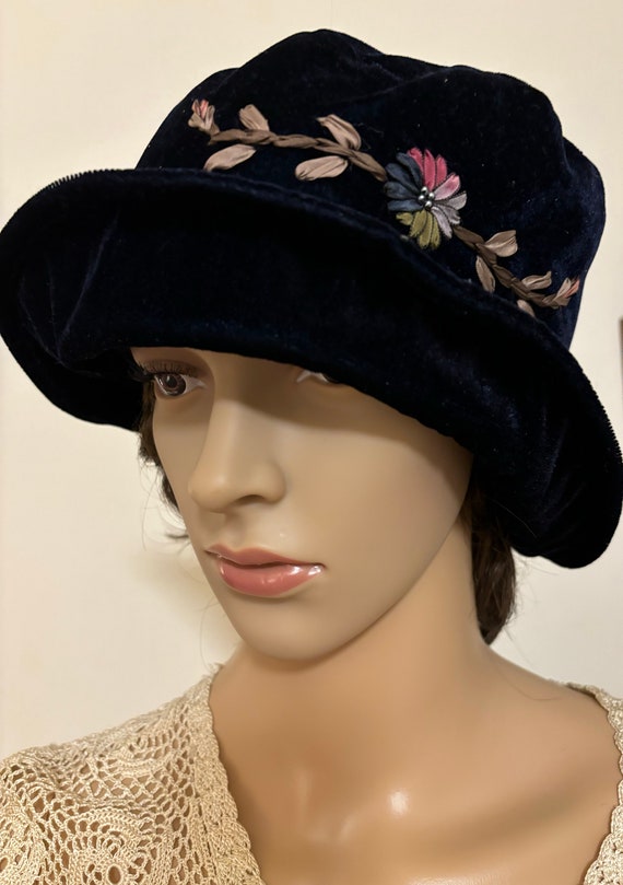 Black Velvet Brim Embroidered Cloche Hat By Malees