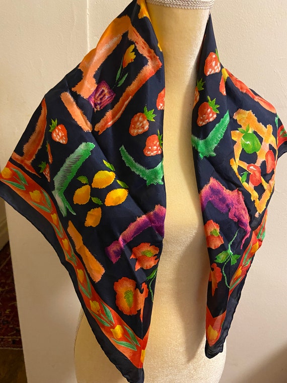 Graphic printed scarf of flowers, fruits and vege… - image 5