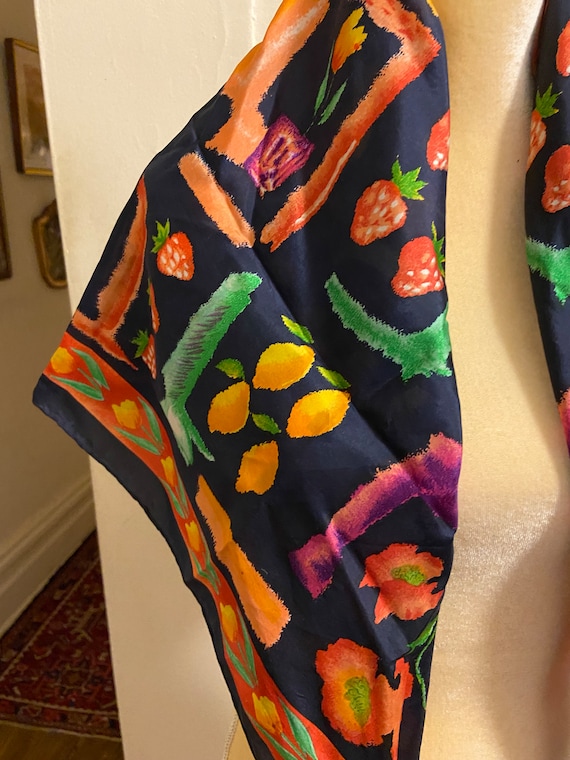 Graphic printed scarf of flowers, fruits and vege… - image 4