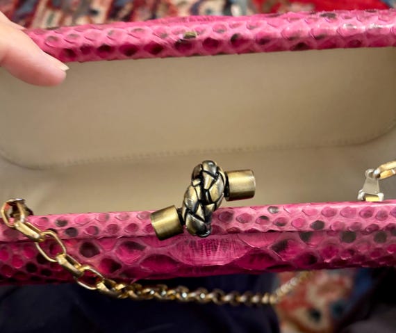 fuchsia-colored python-embossed  clutch with a go… - image 7