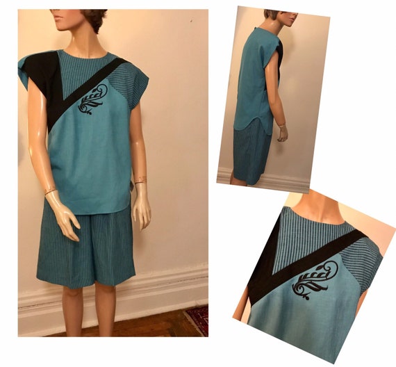 90's turquoise and black culotte and top