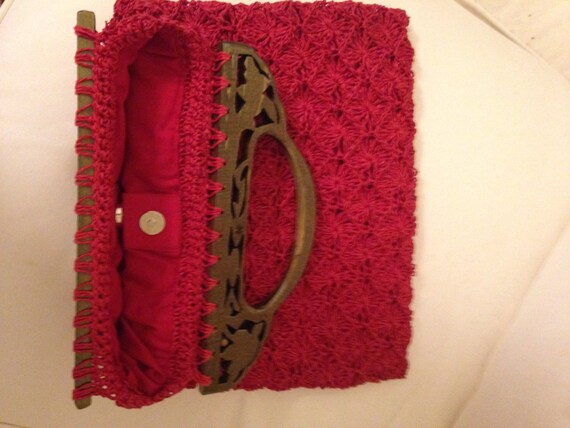 60’s Russet red Hand Crocheted Raffia Handbag - image 3