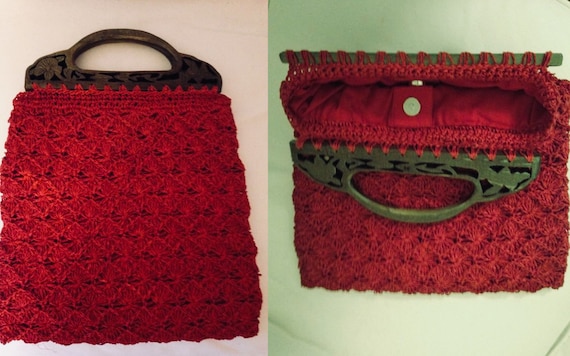 60’s Russet red Hand Crocheted Raffia Handbag - image 1