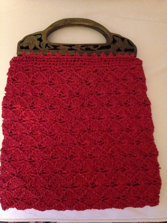 60’s Russet red Hand Crocheted Raffia Handbag - image 6