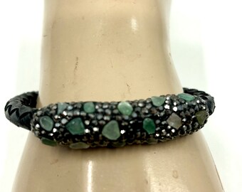 Statement Leather Open Cuff  Bracelet Embellished With Green Stones